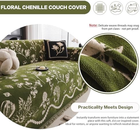 Farmhouse botanical jacquard chenille sofa throw cover detail 3