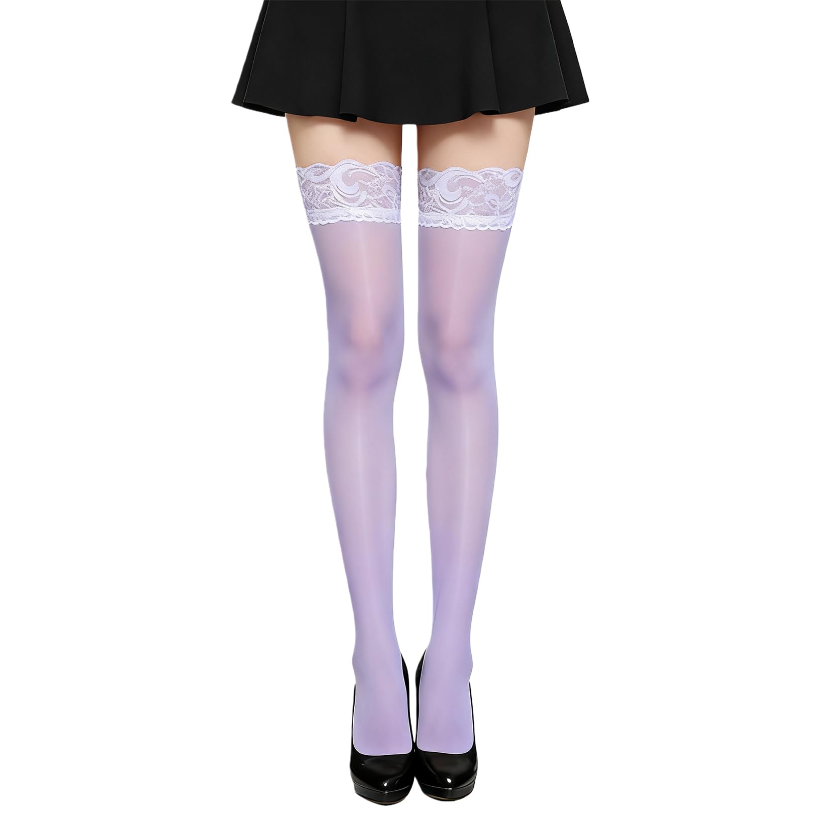 Pryon Women's Light Purple Stockings For ,Thigh High Stockings Sexy Lace Top Anti-Skid Long Socks Knee Stocking Sock Naughty Leg Costumes (Uk, Alpha, One Size, Regular, Regular, )