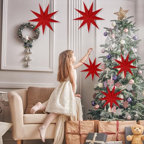 Image of 5 PCS 12 Inch Red Paper Star Lanterns - Modern Hanging Ornaments for Christmas & Home Decor