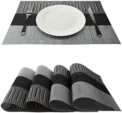GEFEII Bamboo Placemats PVC Woven Vinyl Non-Slip Kitchen Place Mats for Dining Wedding Party Heat-Resistant Waterproof Table Mats Chrismas Placemats(Ombre Black and Gray, 4)
