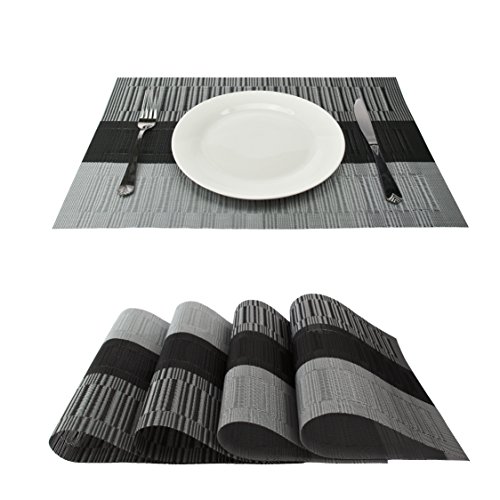 Gefeii Bamboo Placemats Pvc Woven Vinyl Non-Slip Kitchen Place Mats For Dining Wedding Party Heat-Resistant Waterproof Table Mats Chrismas Placemats(Ombre Black And Gray, 4) #TOP14