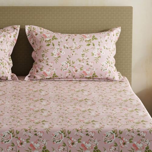 Image of Layers 100% Cotton Bedsheet for Double Size Bed | Lumina Floret Collection | 144 TC Soft & Breathable | Floral Print with 2 Pillow Covers | Wrinkle Free & Colorfast | 3 Piece Bedding Set - Pink