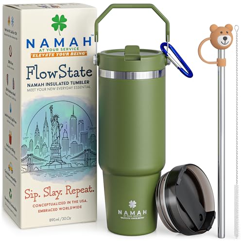 Image of Namah 890 ml Stainless Steel Tumbler with Straw, Lid & Top Handle, Leak Proof Vacuum Insulated Tumbler Water Bottle, Hot & Cold Sipper Bottle for Adults, Office Gym Travel, Car Cup Holder Friendly