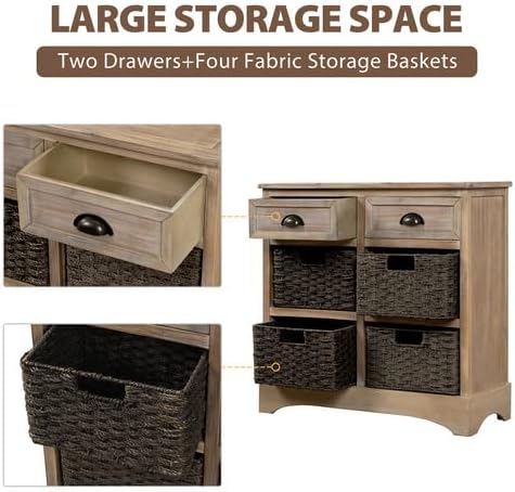 Miniatura 12 de TRIPLE TREE Armario de almacenamiento rústico, armario de madera con 2 cajones y 4 cestas de ratán, mesa de consola de entrada, mesa de sofá para