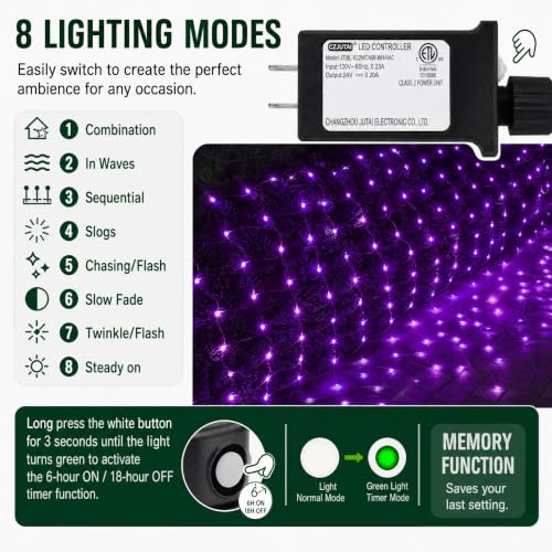 Image of DAZZLE BRIGHT Halloween 360 LED Net Lights, 12FT x 5 FT Connectable String Lights with 8 Lighting Modes, Halloween Decorations for Party Carnival Supplies, Indoor Outdoor Yard Garden Decor (Purple)