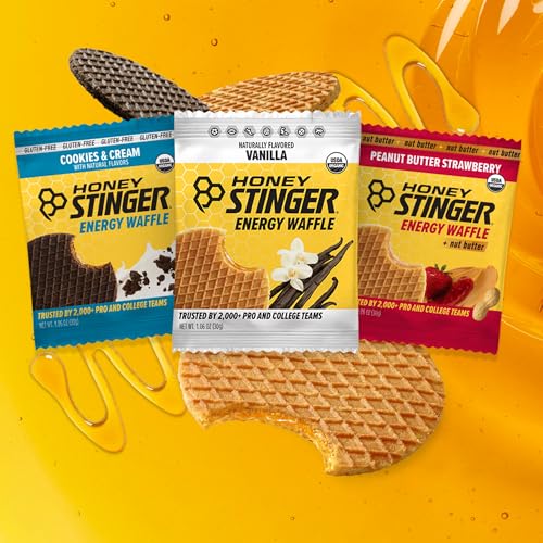 Image of Honey Stinger Organic Energy Waffle Fan Favorites Variety Pack of 18, Vanilla, Cookies and Cream, 6 Pack Each of Peanut Butter Strawberry, Nutritious Stroopwafel Snack for Exercise, Cycling, Running