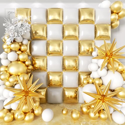 Image of 36pcs White and Gold Square Foil Balloons Wall Backdrop with 147pcs Balloon Garland Arch Kit, Double Sided Balloons for Wedding Engagements Birthday Bridal Shower Anniversary Party Decorations