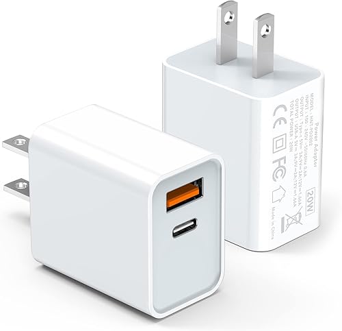 LCGENS Bloque de cargador de pared USB C de 20 W, paquete de 2 unidades de suministro de energía PD de doble puerto rápido tipo C, enchufe de bloque