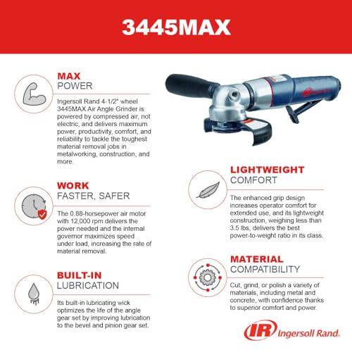 Image of Ingersoll Rand 3445MAX Air Angle Grinder /Cutoff Tool, 4.5 inch Wheel, 12,000 rpm, 0.88 hp, 5 /8 inch-11 Thread, Rear Exhaust