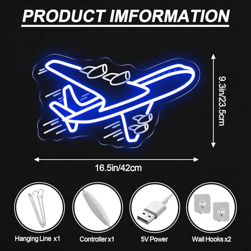 Image of Airplane Neon Sign, Airplane Wall Decor, Air plane Wall Art, Aviation Light Sign, Gift for Kid, Air Plane Wall Decor for Home Bar, 16.5 inchx9.3 inch, Blue
