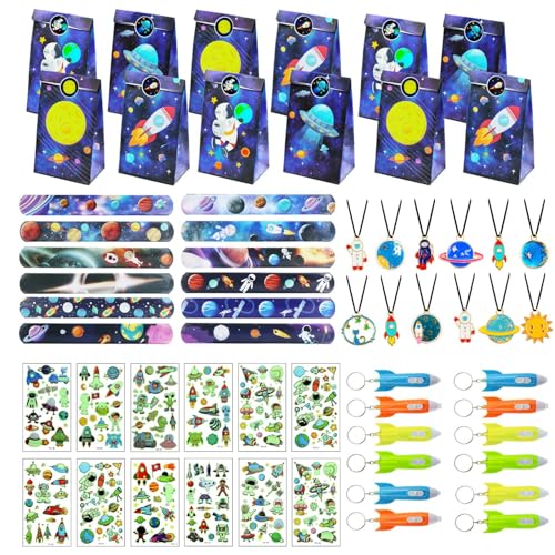 Hmfmdy Set de Accesorios Fiestas de Espaciales, 60Pcs Juguetes Cumpleaños Infantiles, Regalos Cumpleaños Niños, Con cohete Espacial, Pulseras a Presión, Collar, Pegatinas de Tatuajes