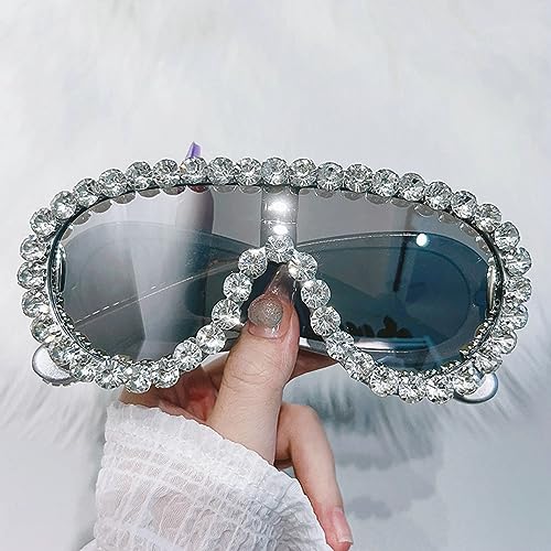 Fashion One Piece Rhinestone Sunglasses For Women Vintage Oversized Silver Shield Diamond Sun Glasses Female Party Shades2