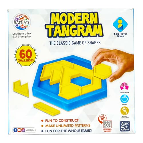 Image of RATNA'S Modern Tangram, Classic Shape Game with 60 Challenges, Family Games for Adults and Kids 5+ Years