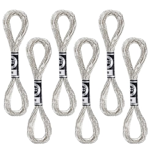 Image of 6 Skeins Silver Embroidery Thread, Metallic Embroidery Floss Silver Threads Friendship Bracelet String Cross Stitch Threads Polyester Sewing Bracelets Strings for DIY Hand Bracelets Making