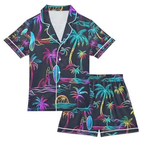 senya Palm Trees Surfboards Satin Summer Pajama Sets Silk Short Sleeve Button Down Sleepwear