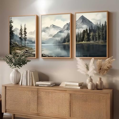 Image of kotart Big Aesthetic Mountains View Wall Art Paintings | River View Framed Painting | Nature Art Vastu Frames for Living Room Bedroom Wall Decor Set Of 3 (14x20 Inch)