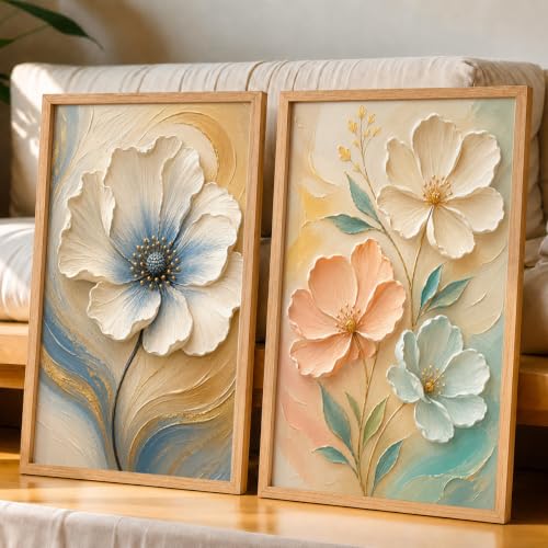 Image of NoWorries Floral Wall Painting Set of 2 with Frame | Premium White Peach & Blue Flower Botanical Artwork, Elegant Nature Wall Decor for Living Room, Bedroom, Office and Home Decoration (Art-7, 17x25inch)