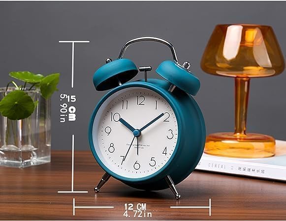 Image of Classic Twin Bell Analog Alarm Clock - Retro Metal Table Clock with Night Light & Loud Ringer - Ideal for Bedroom, Office, or Study (Blue)