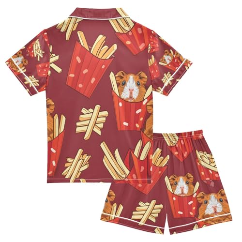 Guinea Pig French Fries Satin Summer Pajama Sets Silk Short Sleeve Button Down Sleepwear2