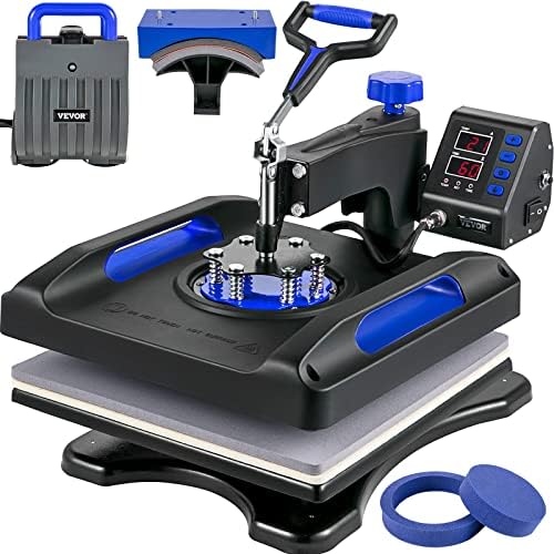 VEVOR Heat Press, Upgrade 5 in 1 Heat Press Machine for T-Shirt Hat Cap Mug Plate Sublimation, 15x15 inch Anti-Scald Fast Swing Away Digital Control Multifunction, Blue