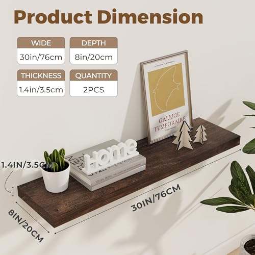 Image of Floating Shelves for Wall, 30in Reclaimed Elm Wood Shelves, Walnut, 2PCs