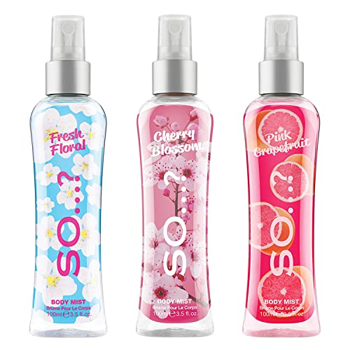 Body Mist by So…? Womens Fresh Floral, Cherry Blossom, Pink Grapefruit Body Spray Mixed Fragrance 100ml Bundle (Pack of 3)