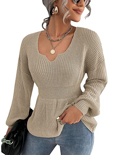 Image of Veatzaer Womens V Neck Sweaters Fall Trendy Casual Long Lantern Sleeve Ribbed Knit Pullover Sweater Tops