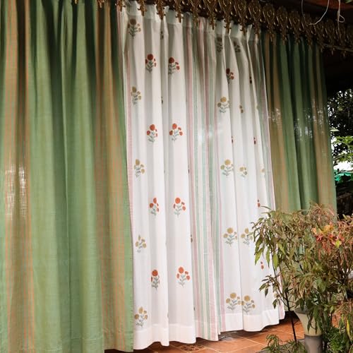 Image of Peepul Tree Mix and Match Solid and Sheer Door Curtains in Sage Rust, Mustard & Teal | 7 Feet | Set of 4 | 2 Solid & 2 Sheer Curtain| Layered Curtains | Pure Cotton | Back Loop Curtains