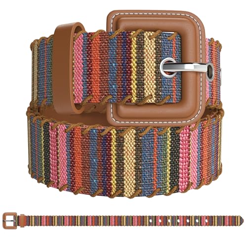 Womens Casual Belts - Multicolor Woven Belt & Brown Vegan Leather Belt
