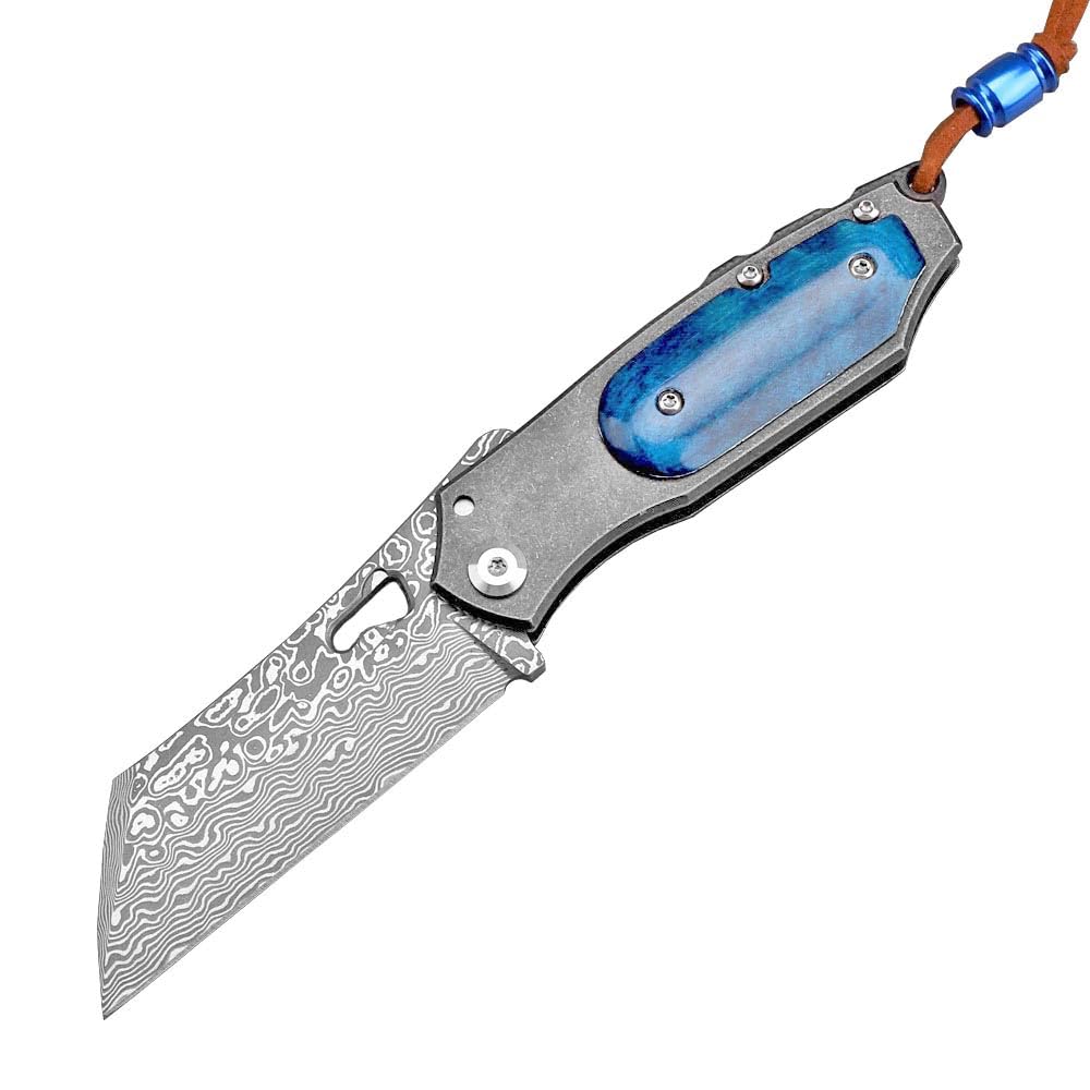 Joa Klappmesser Edc Klein Taschenmesser damast Outdoor aus blau Tierknochen Neck knife Damaszener Stahl messer Survival tanto Angeln Jagdmesser Einhandmesser Scharfes, klappbare damaskus damastmesser