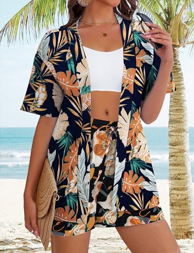 REDHOTYPE Women's 2 Piece Outfits Kimono Style Tropical Print Cover Ups Half Sleeve Blouse Shorts Set Summer Beachwear （S-XL）2
