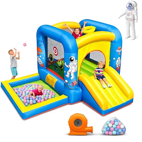 Image of NBSPORT Inflatable Bounce House with Blower for Kids 3-6 y/o, Jumping Castle with Slide, 112x63x67'' Toddlers Bouncer with Ball Pit, Bouncy House for Indoor/Outdoor