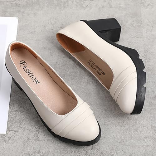 Women's Classic Leather Mid-Heel Chunky Heels Pumps Leisure Closed Round Toe Slip-On Platform Dress Pump Shoes Office Party Wedding Shoes4