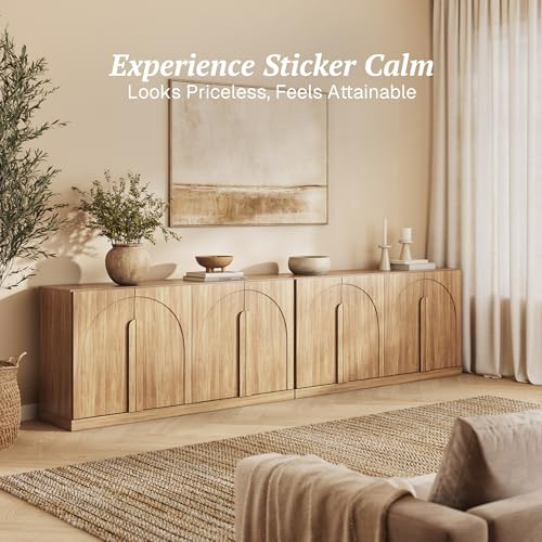 Image of BELLEZE Set of 2 Bijou 64 inch Modern Buffet Sideboard, Mid-Century Arch Carved Wood Door Cabinet, Textured Storage Console for Living Room, Kitchen, Entryway - Camel