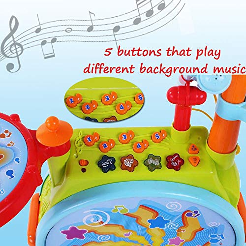 Dimple Electric Big Toy Drum Set for Kids with Movable Working Microphone to Sing and a Chair - Tons of Various Functions and Activity, Bass Drum and Pedal with Drum Sticks (Adjustable Volume)