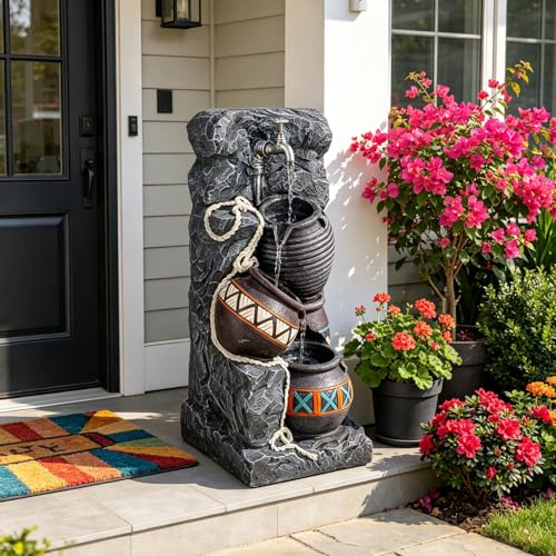 Image of Earthenware Jar Outdoor Water Fountain, Resin with LED, 24.4 in