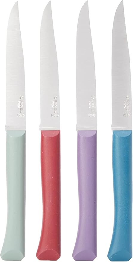 OPINEL Bon Appetit + Table Knives, 4 Piece Set Steak Knives, High Carbon Steel Dinner Knives for Parties, Entertaining, or Everyday Use, Polymer Handles, Dishwasher Safe, Made in France (Glam)