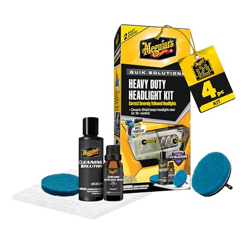 Meguiars Heavy Duty Headlight Kit This Headlight Restoration Kit Includes Headlight Cleaner Ceramic Protection Drill Backing Plate Pads & Towelettes 18 Plus Months of Protection Car Care Kit