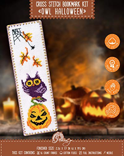 Image of Povitrulya Halloween Owl - Counted Cross Stitch Kit with Halloween Pumpkin Jack-o'-Lantern - DIY Hand Embroidery Bookmark