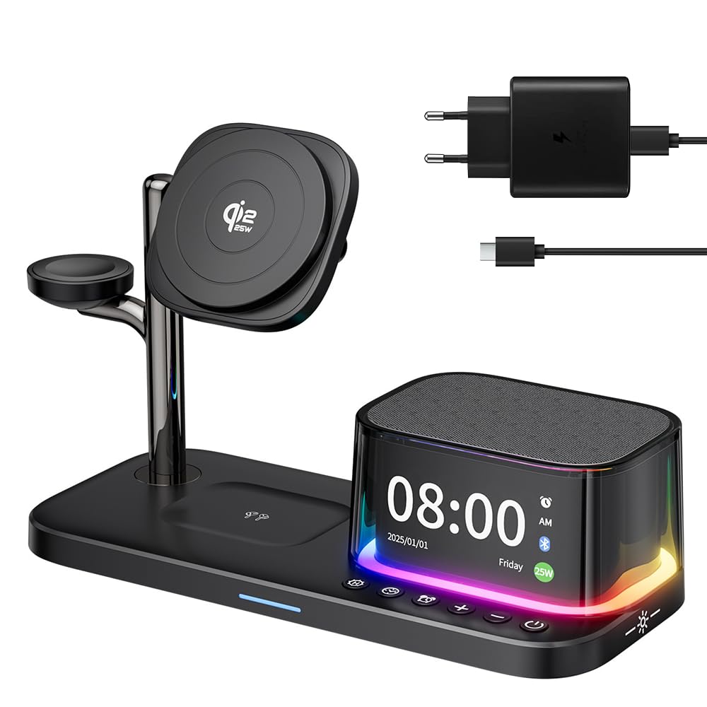 45W for Apple MagSafe Charger Stand 5 in 1, Qi2.2 25W Magnetic Wireless Charger Fast Charging Station, Alarm Clock Speaker Night Light, Charging Dock for iPhone 17 16, 5W Apple Watch 11 Ultra