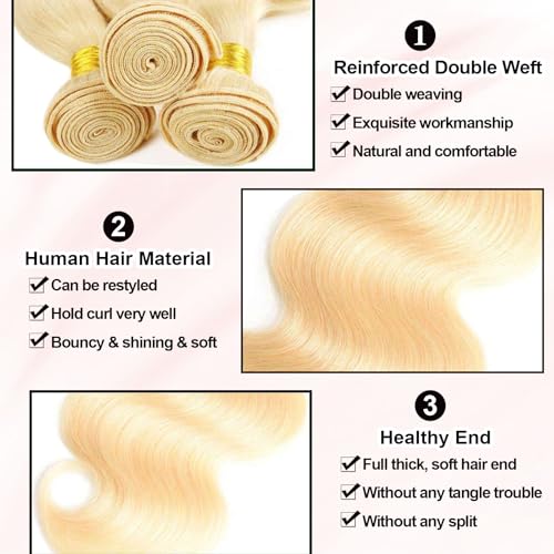 Image of 613 Bundles Human Hair 14 Inch 100% Real Human Hair Blonde Body Wave Bundles Human Hair No Synthetic Blend No Tangle No Shedding 3X Longer Lifespan 16A Brazilian Virgin Hair 613 Body Wave One Bundle
