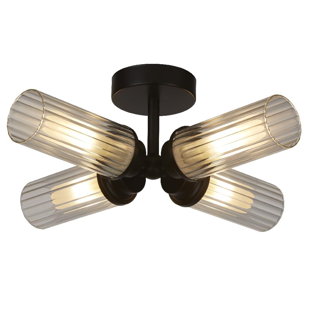 Britalia Matt Black Ceiling Light, Bathroom, 4 Lamp, 39cm x 14cm, Ribbed Glass, Vintage, IP44, Indoor and Outdoor