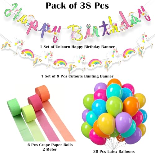 Image of Rozi Decoration Unicorn Theme Birthday Decoration Kit with Happy Birthday Banner, Rainbow Cutouts, Crepe Streamers and Latex Balloons for Girls Party Celebration Pack of 38 Pcs