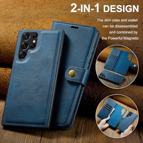 Image of Scalebee BackCover for Samsung Galaxy S23 Ultra Magnetic Detachable 2 in 1 Split Leather Wallet Phone Cover,Genuine Leather Wallet Case,Magnetic Pouch Shell (Blue)