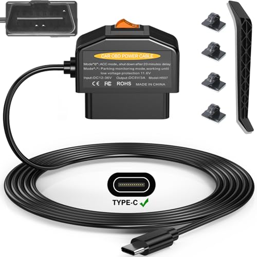 Dash Cam Hardwire Kit OBD, Dash Camera USB Type C Hardwire Kit OBD Power Charging Cable for Dashcam 12-24V to 5V/3A with Low Voltage Protection 24h Parking Mode Acc Mode for Dashcam, GPS or Radar