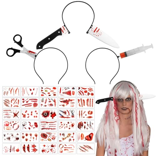 Diadema de Terror de Halloween- 30 Tatuajes Zombie 3 Piezas Diademas de Armas de Halloween Diadema Cuchillo Vampiro Carnicero Cosplay Accesorios Disfraz Fiesta Deco Disfraz Carnaval Mascarada Fiesta
