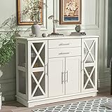 P PURLOVE Sideboard Buffet Server Storage Cabinet with Drawer Curio Bar Cabinet with Cabinet and...