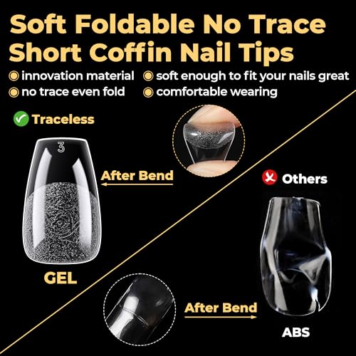 Image of UNA GELLA 600Pcs Short Coffin Nail Tips, Short Coffin Gel Nails Tips Pre Etched 12 Sizes Soft Gel Fake Nails Tips Pre-file Full Cover for Nail Extension Home DIY Salon with Box