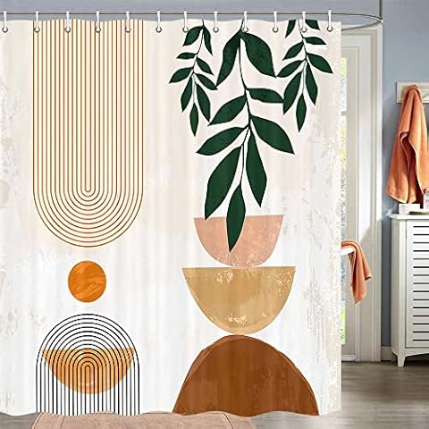 Mid Century Abstract Semicircle Shower Curtain, Arch Sun Morden Geometric Minimalist Shower Curtain Abstract Art Aesthetic Terracotta Fabric Shower Curtains Set with Hooks, (72X72) Cover