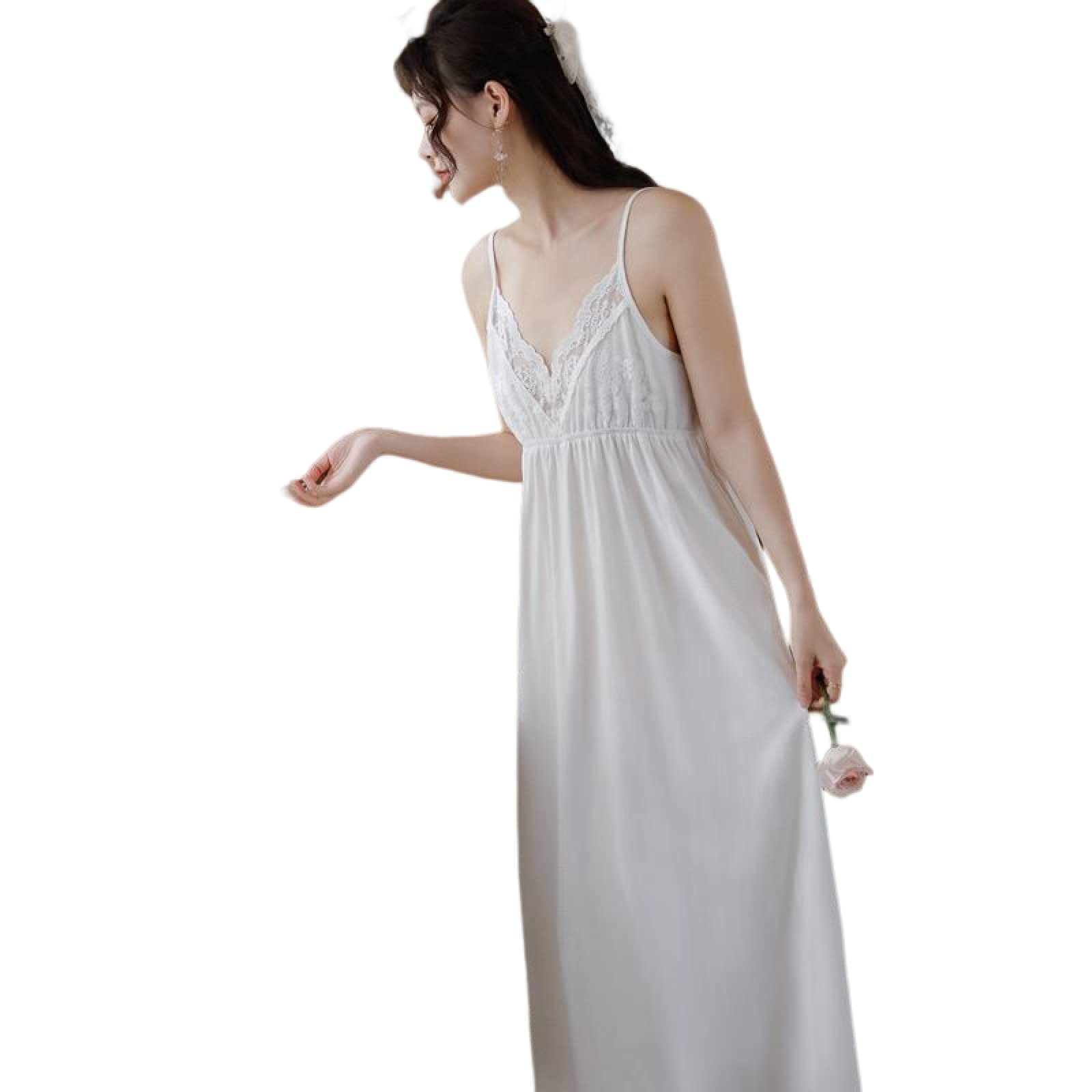 YAROVA Damen Nachthemden - Baumwolle Ärmelloses Sling Langes Nachtkleid Frauen Sommer Sexy Spitze Vintage Nachthemd Prinzessin Nachtwäsche Dessous Pyjama Robe Loungewear